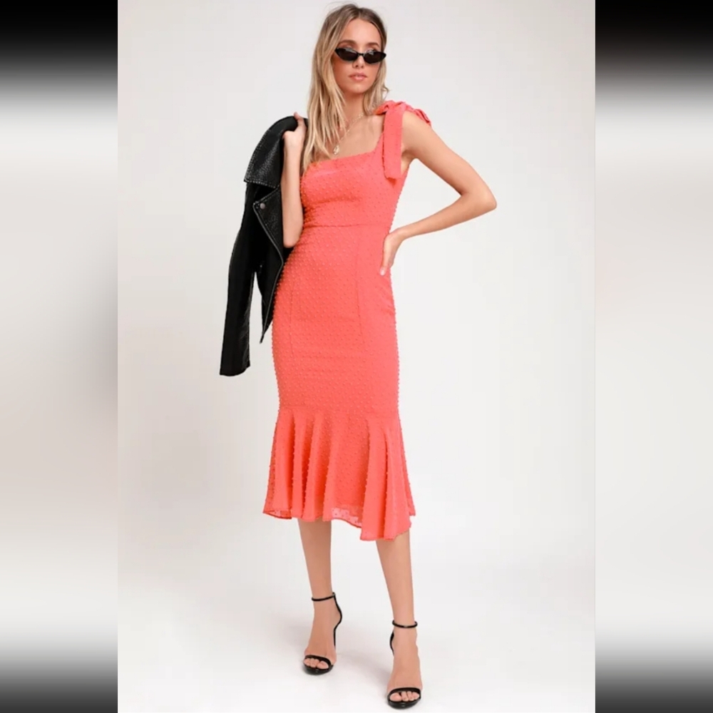 EUC Women's Lulus Bimini Coral Pink Swiss Dot Tie-strap Midi Dress, Size S